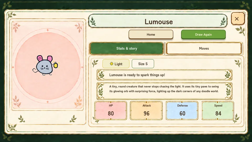 Lumouse’s English name, stats, and profile on the result screen